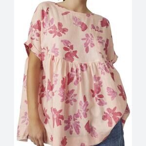 We The Free Moon City Babydoll Top MEDIUM Oversized Linen Blend Pink Floral Boho